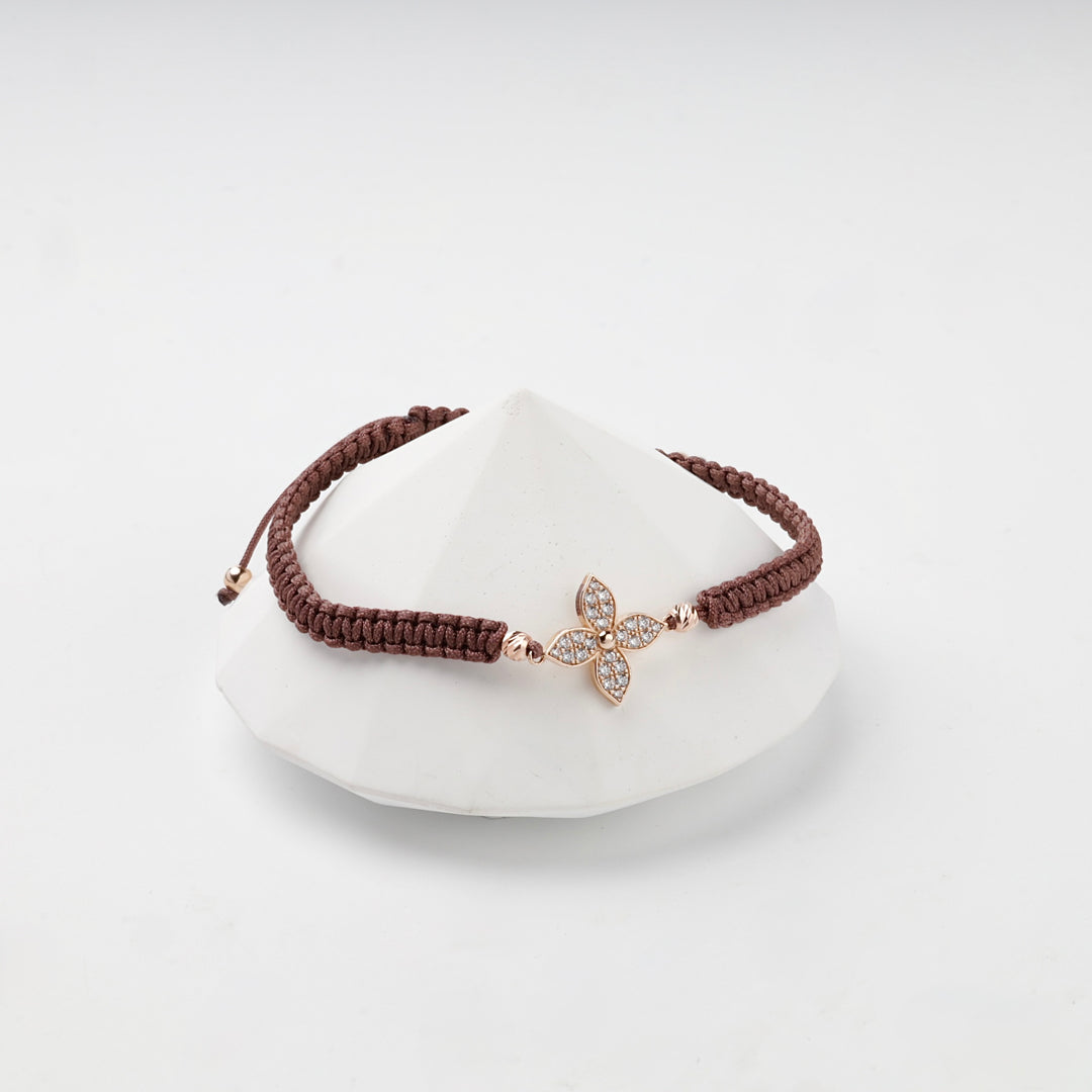 Brown Cord Clover Bracelet with Cubic Zirconia | 14K Rose Gold (585) — alternate angle