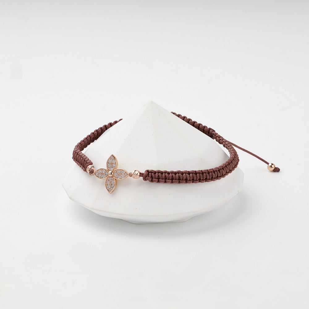 Brown Cord Clover Bracelet with Cubic Zirconia | 14K Rose Gold (585) — full view