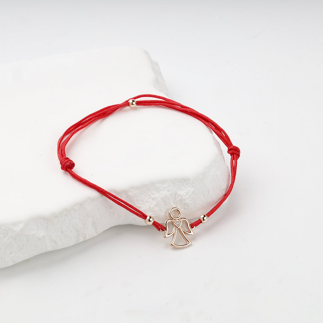 Outline Angel Red Cord Bracelet | 14K Rose Gold (585) — back view