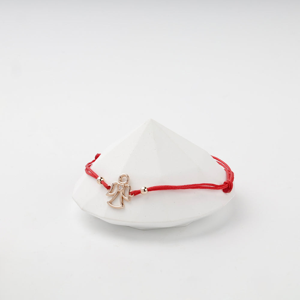 Outline Angel Red Cord Bracelet | 14K Rose Gold (585) — scale view