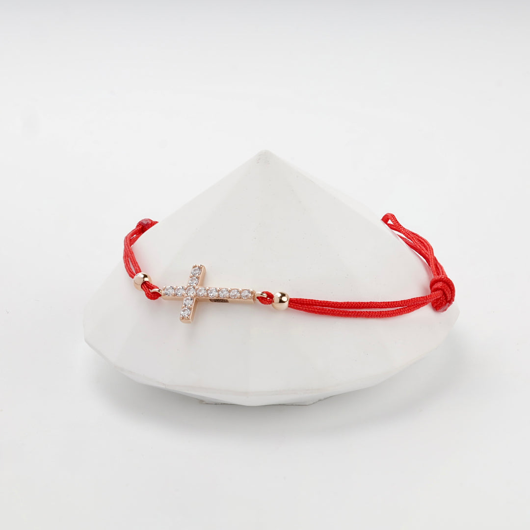 Red Cord Cross Bracelet with Cubic Zirconia | 14K Rose Gold (585) — back view