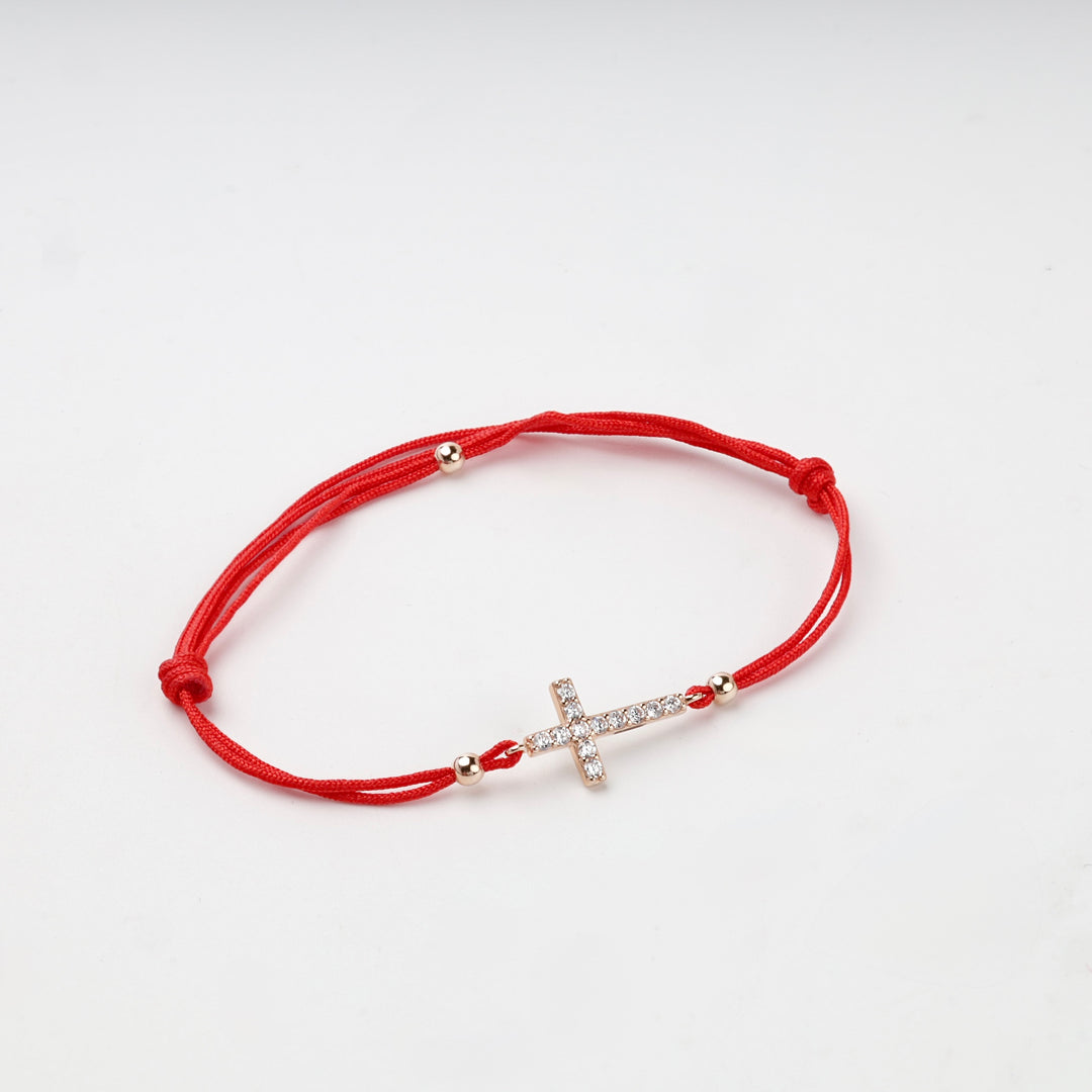 Red Cord Cross Bracelet with Cubic Zirconia | 14K Rose Gold (585) — product tag