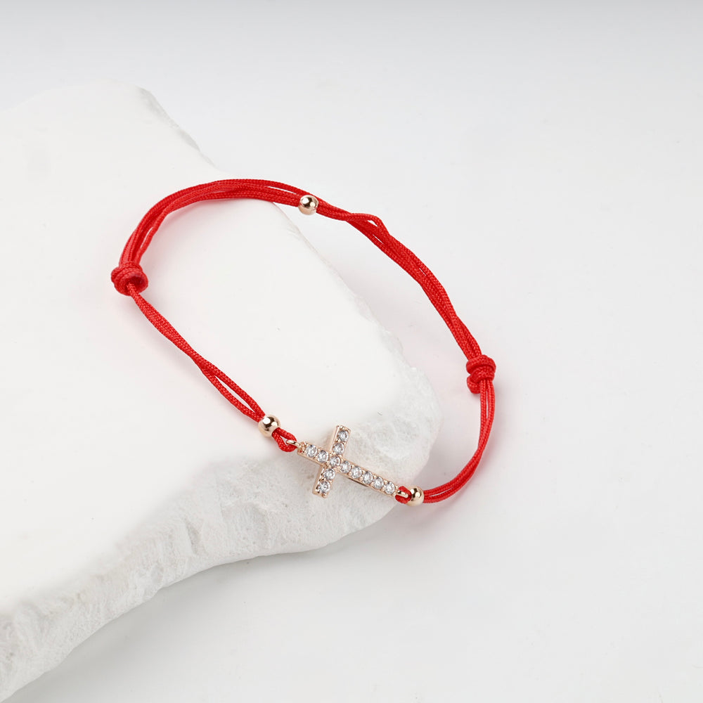 Red Cord Cross Bracelet with Cubic Zirconia | 14K Rose Gold (585) — measurement view