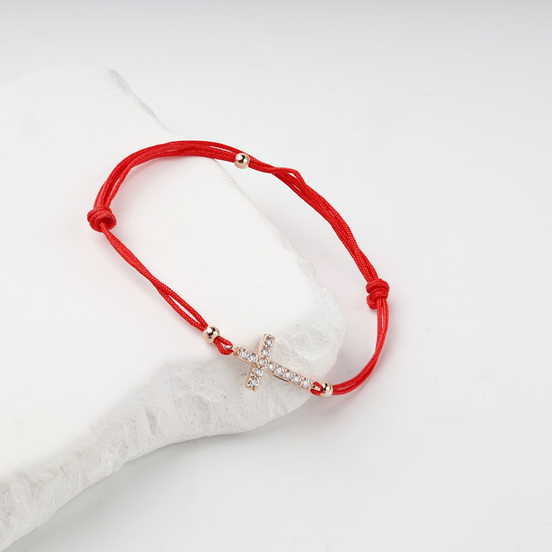 Red Cord Cross Bracelet with Cubic Zirconia | 14K Rose Gold (585) — measurement view