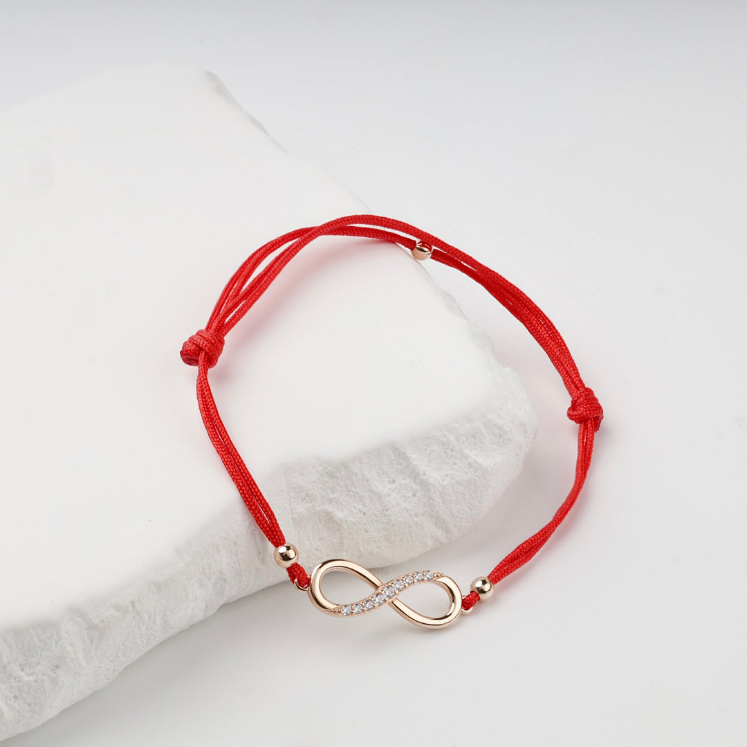 Red Cord Infinity Bracelet with Cubic Zirconia | 14K Rose Gold (585) — detail view
