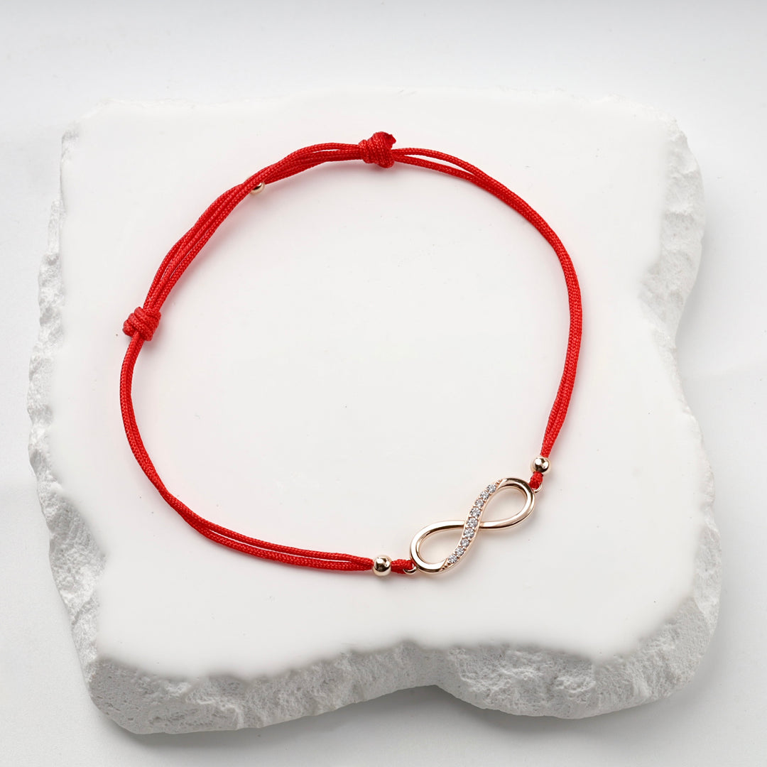 Red Cord Infinity Bracelet with Cubic Zirconia | 14K Rose Gold (585) — clasp detail