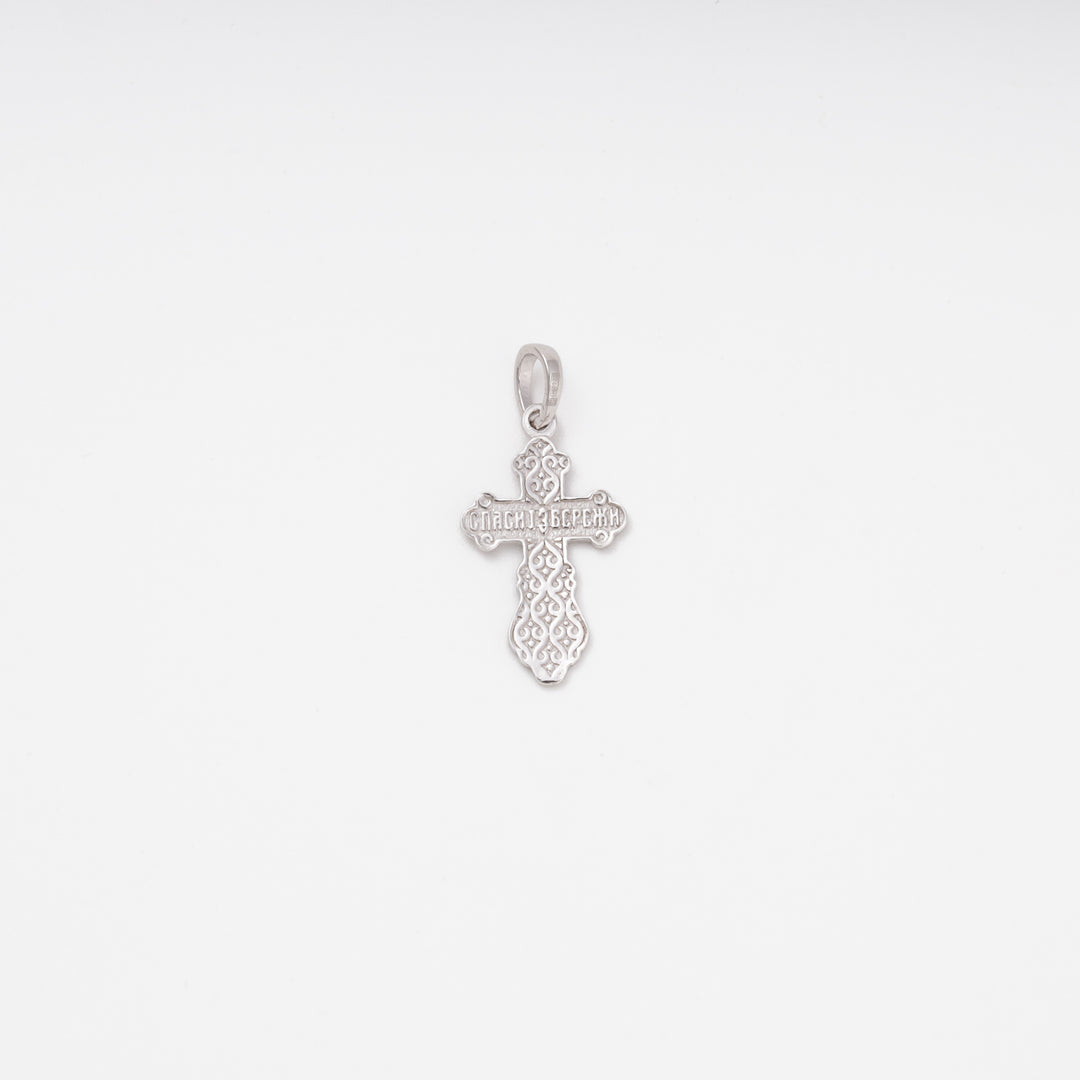 Crucifix pendant with ornate border detail, silver rhodium — Ukrainian Jewelry