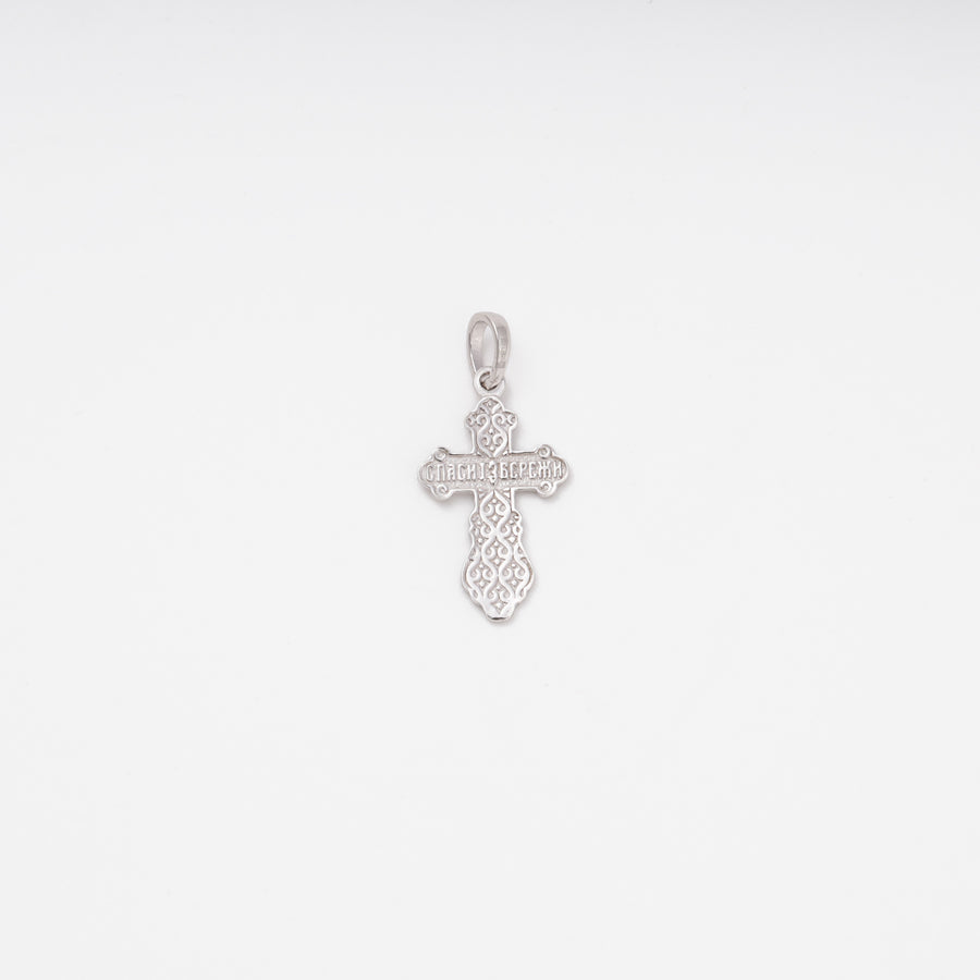 Crucifix pendant with ornate border detail, silver rhodium — Ukrainian Jewelry