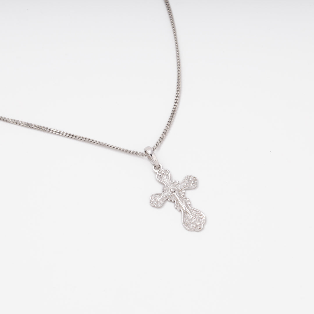 Detailed filigree orthodox cross pendant, side angle, Sterling Silver 925 — Ukrainian Jewelry