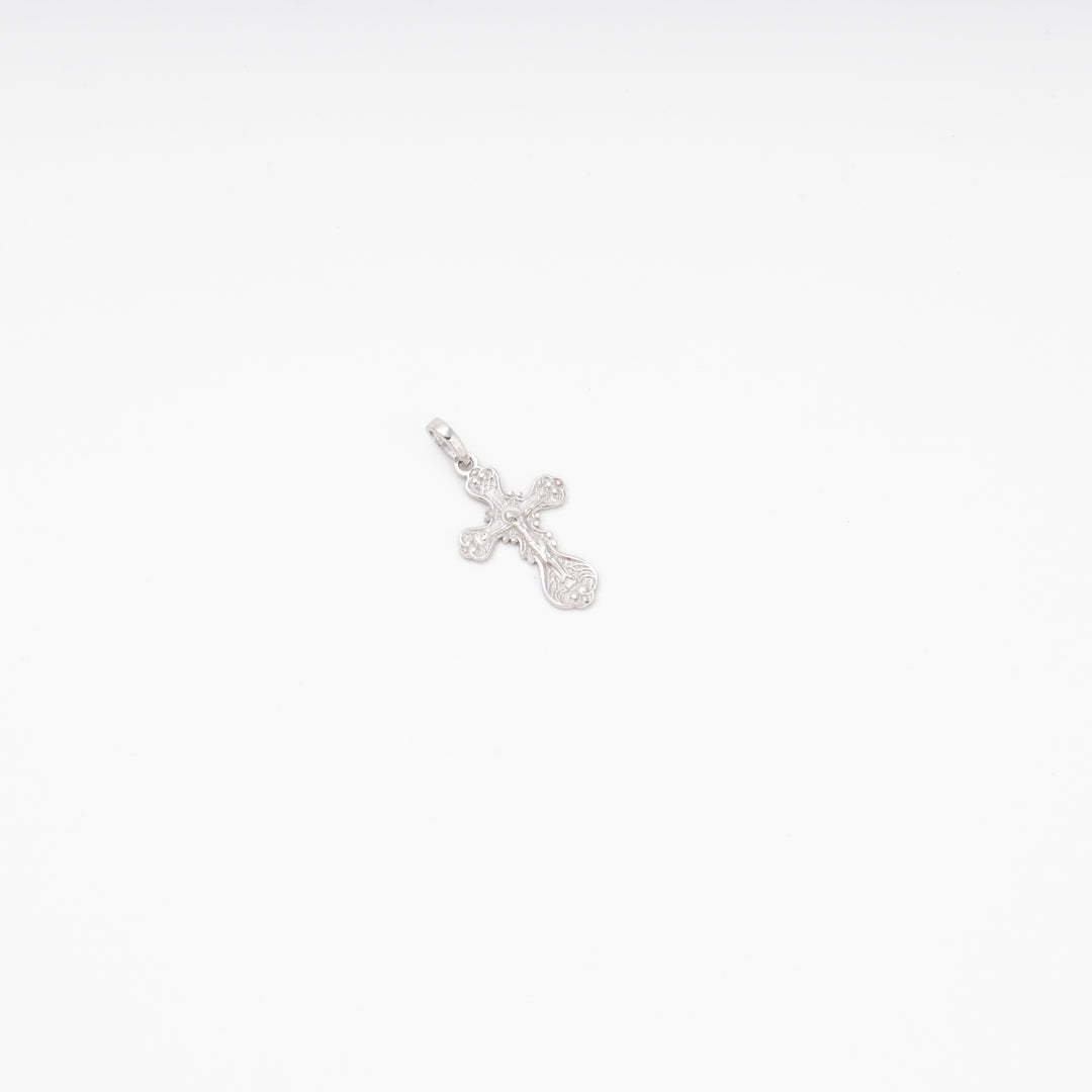 Orthodox cross pendant close-up, intricate scrollwork, Silver 925 rhodium — Ukrainian Jewelry