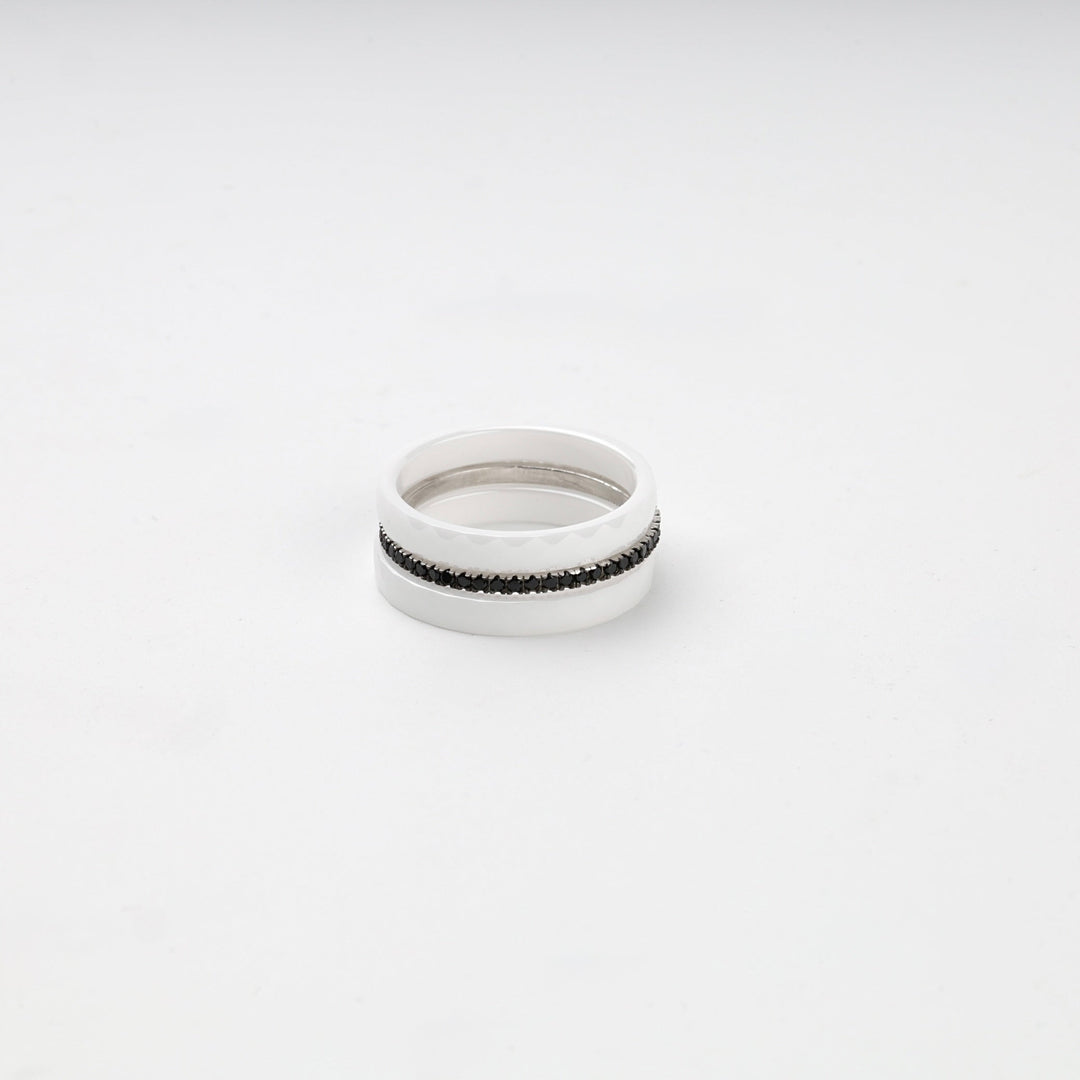 Silver 925 Faceted White Ceramic Three-Ring Set with Black CZ | Ukrainian Jewelry