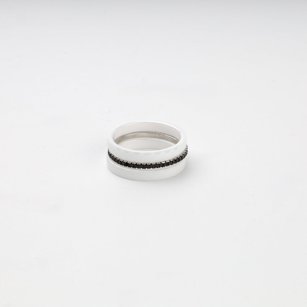Silver 925 Faceted White Ceramic Three-Ring Set with Black CZ | Ukrainian Jewelry