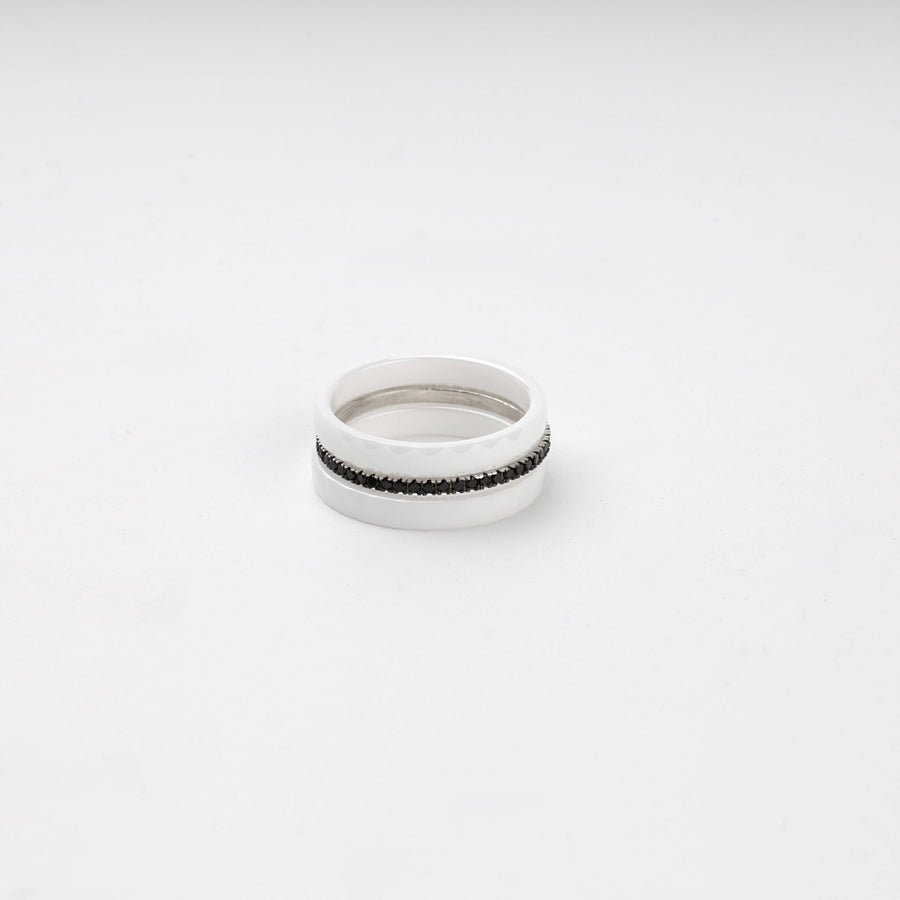 Silver 925 Faceted White Ceramic Three-Ring Set with Black CZ | Ukrainian Jewelry