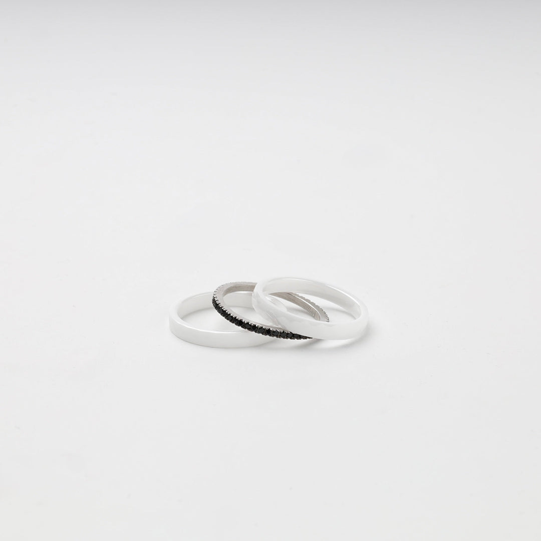 Silver 925 Faceted White Ceramic Three-Ring Set with Black CZ | Ukrainian Jewelry