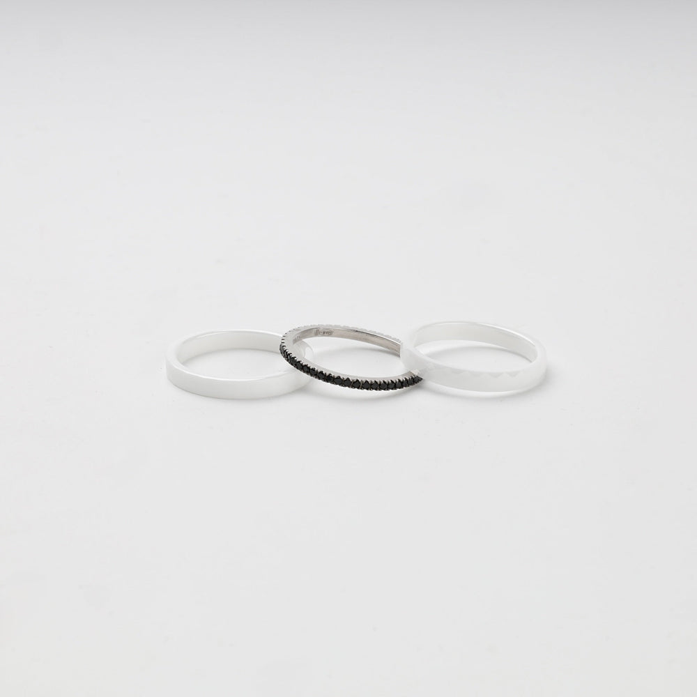 Silver 925 Faceted White Ceramic Three-Ring Set with Black CZ | Ukrainian Jewelry