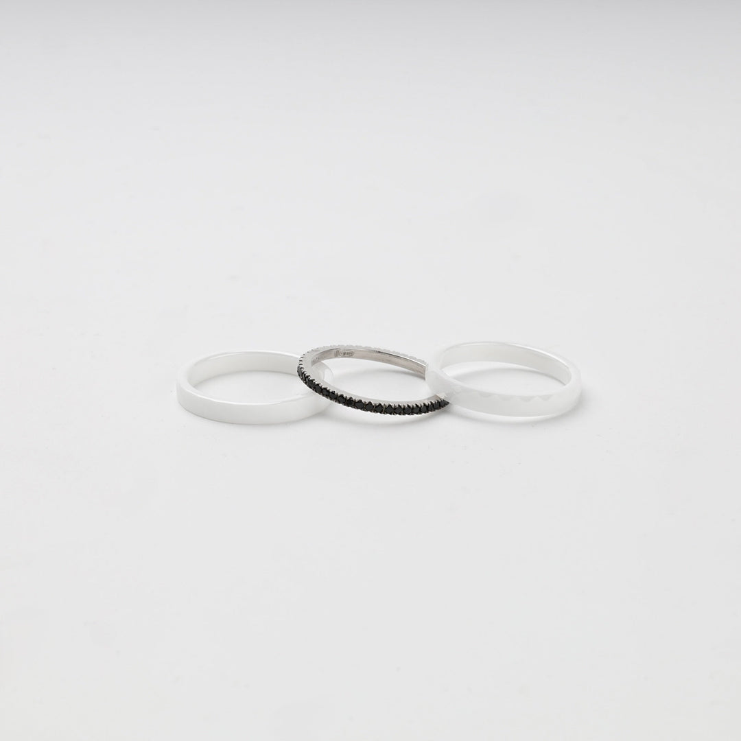 Silver 925 Faceted White Ceramic Three-Ring Set with Black CZ | Ukrainian Jewelry