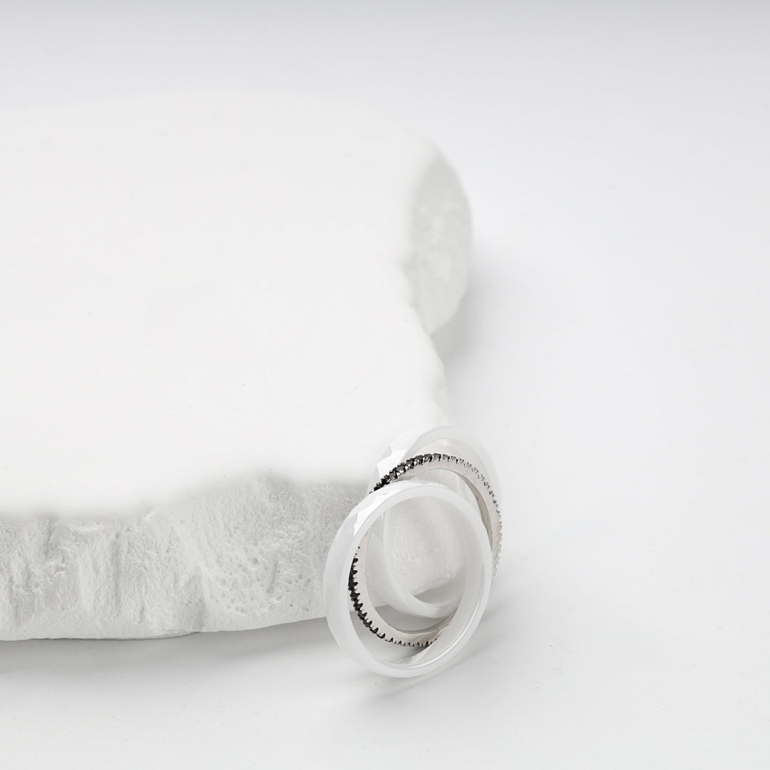 Silver 925 Faceted White Ceramic Three-Ring Set with Black CZ | Ukrainian Jewelry