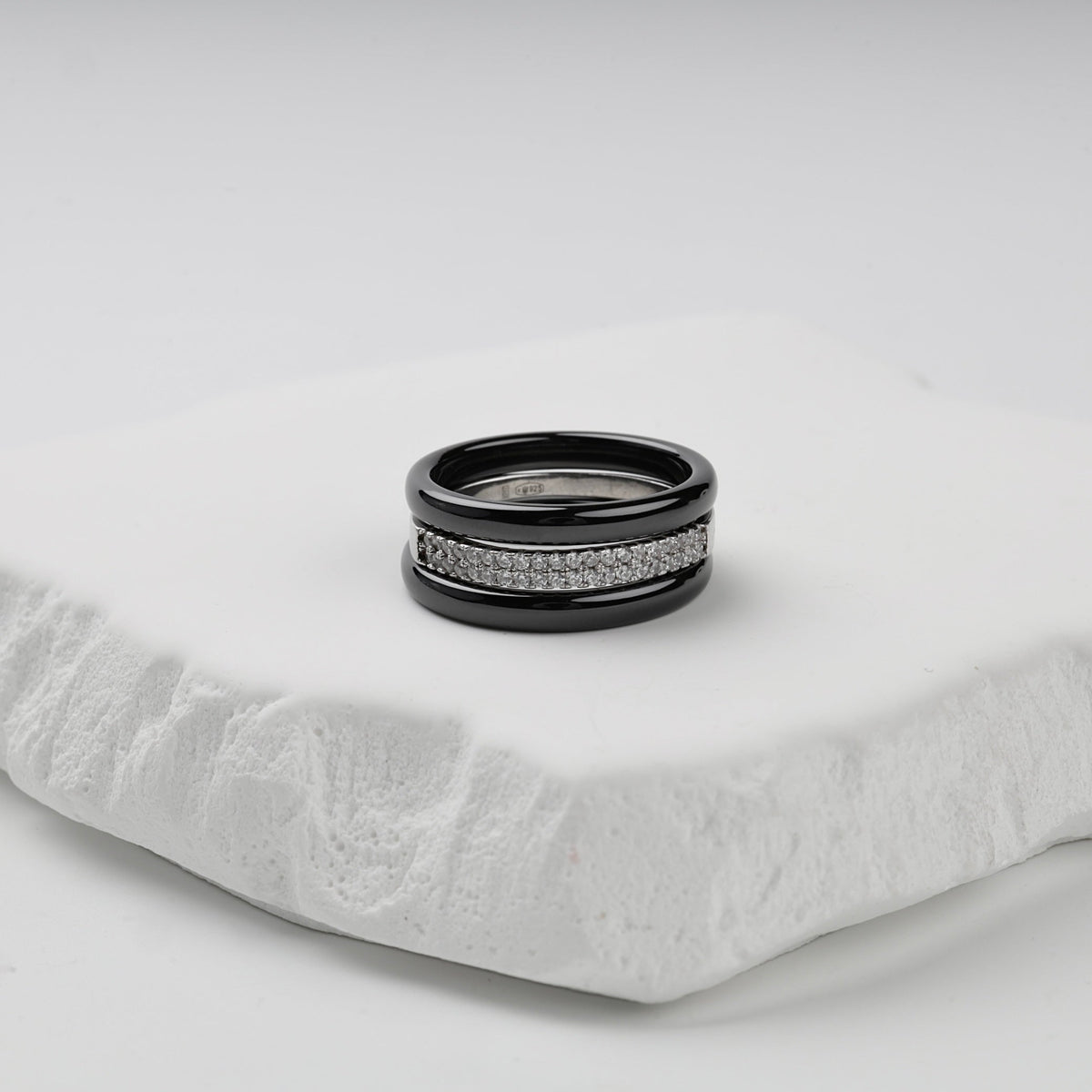 Silver 925 Black Ceramic Three-Ring Set with CZ | Ukrainian Jewelry
