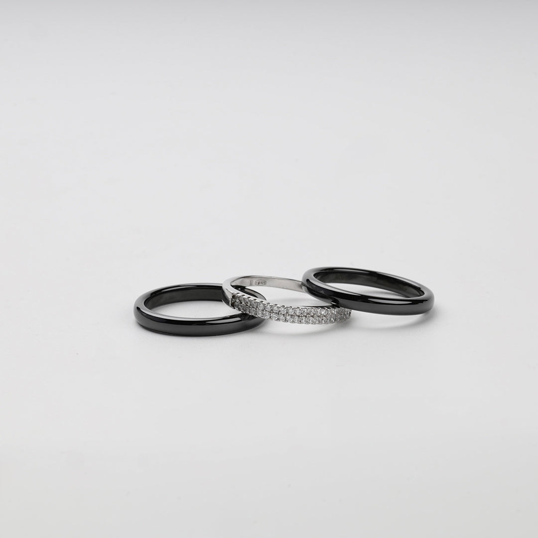 Silver 925 Black Ceramic Three-Ring Set with CZ | Ukrainian Jewelry