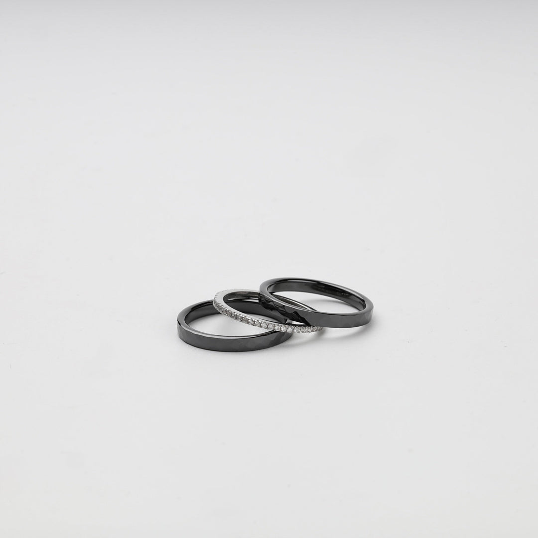 Silver 925 Faceted Black Ceramic Three-Ring Set with CZ | Ukrainian Jewelry