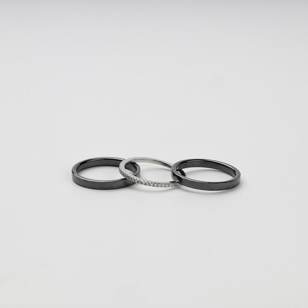 Silver 925 Faceted Black Ceramic Three-Ring Set with CZ | Ukrainian Jewelry