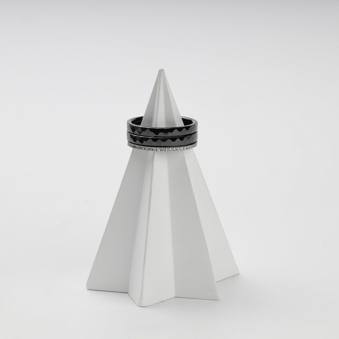 Silver 925 Faceted Black Ceramic Three-Ring Set with CZ | Ukrainian Jewelry