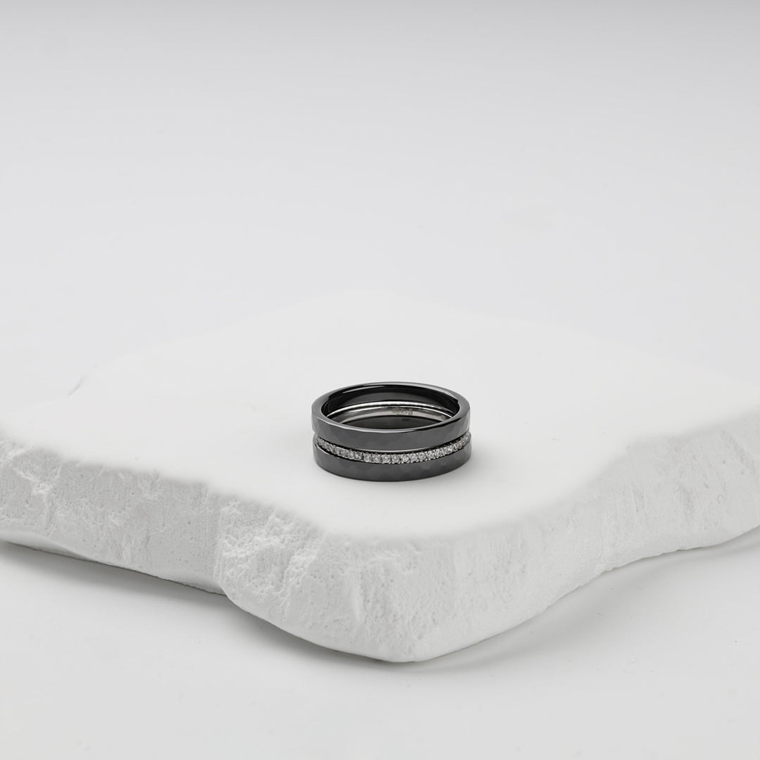 Silver 925 Faceted Black Ceramic Three-Ring Set with CZ | Ukrainian Jewelry