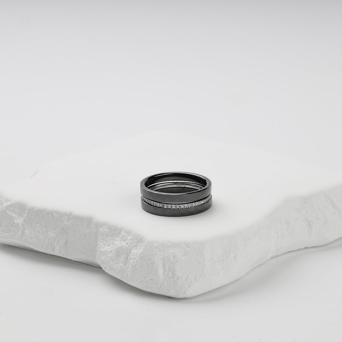 Silver 925 Faceted Black Ceramic Three-Ring Set with CZ | Ukrainian Jewelry