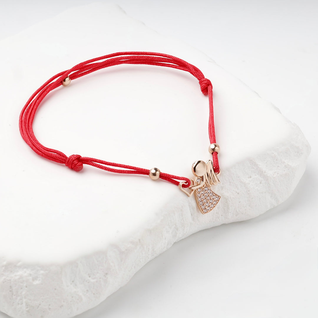 Red Cord Angel Bracelet with Cubic Zirconia | 14K Rose Gold (585) — back view
