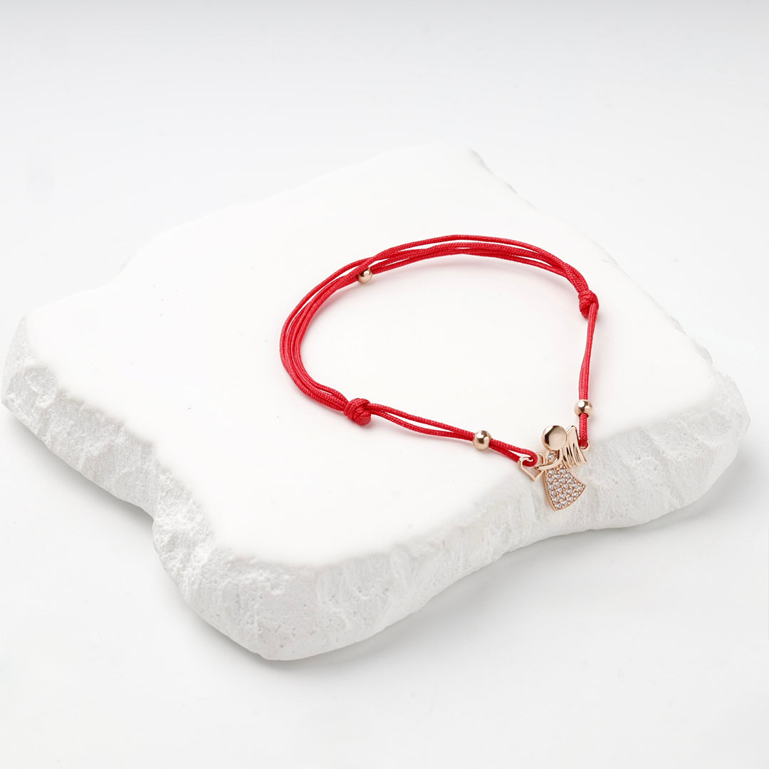 Red Cord Angel Bracelet with Cubic Zirconia | 14K Rose Gold (585) — detail view