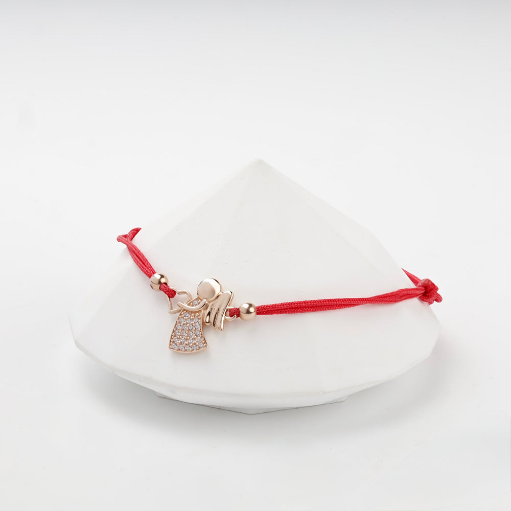 Red Cord Angel Bracelet with Cubic Zirconia | 14K Rose Gold (585) — scale view