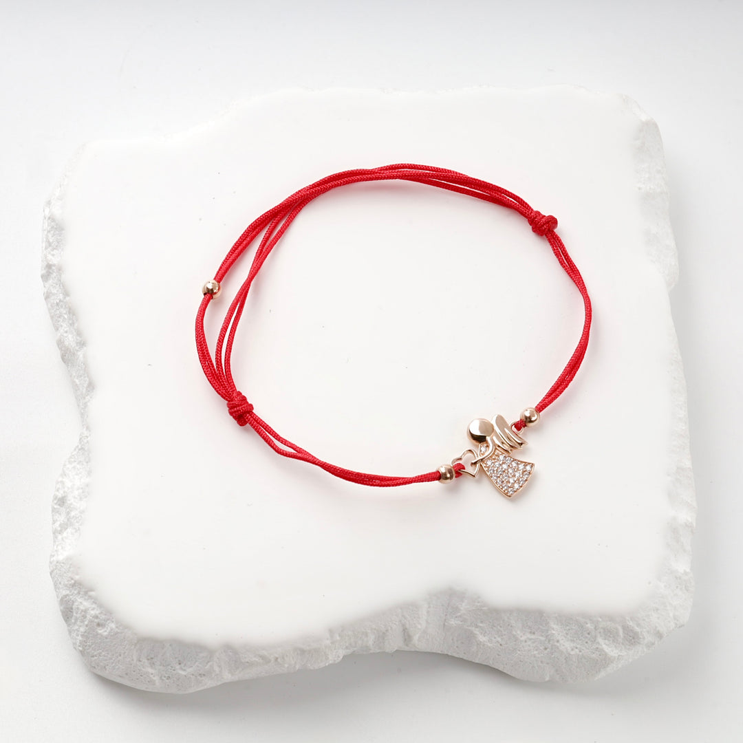 Red Cord Angel Bracelet with Cubic Zirconia | 14K Rose Gold (585) — profile view