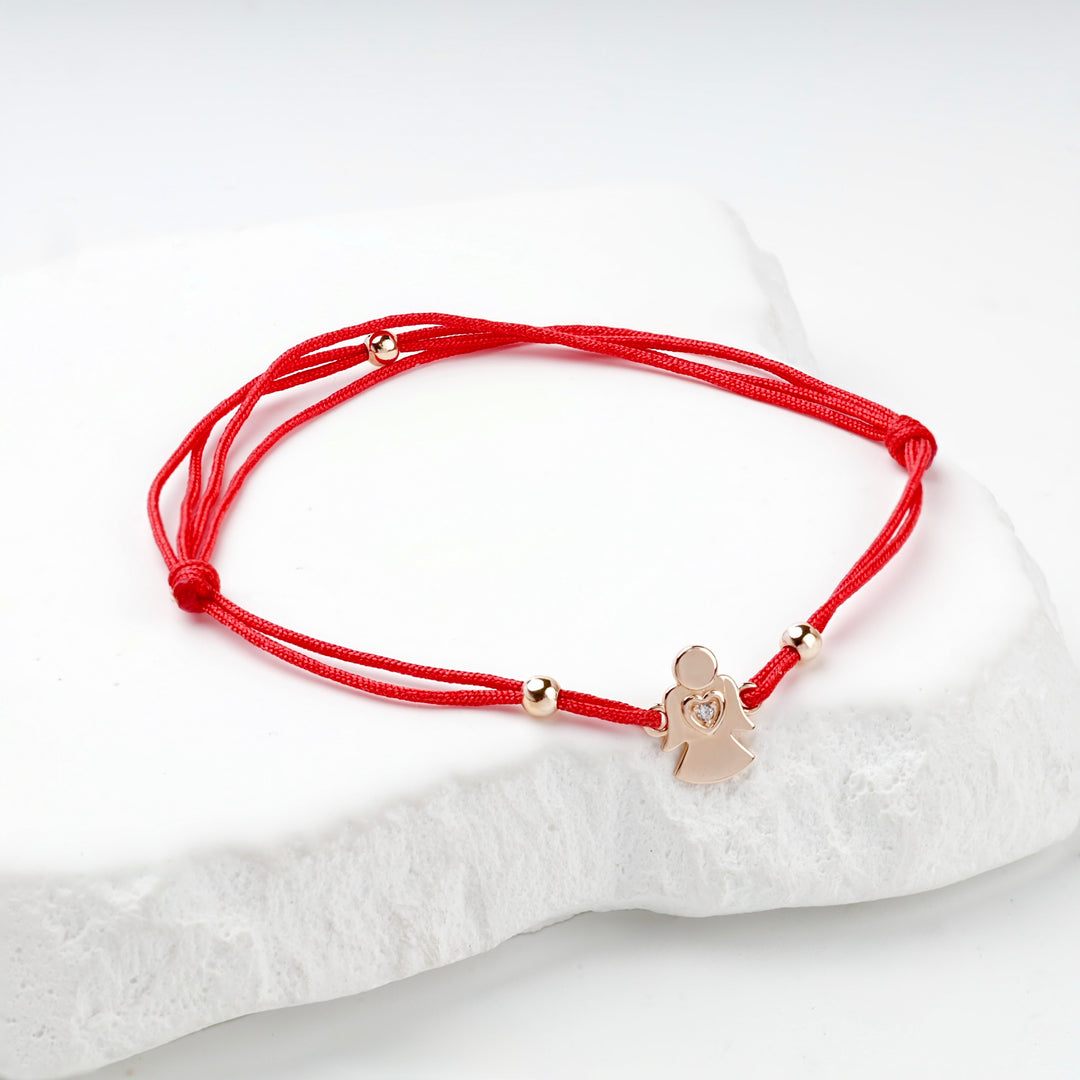 Openwork Angel Red Cord Bracelet | 14K Rose Gold (585) — side view