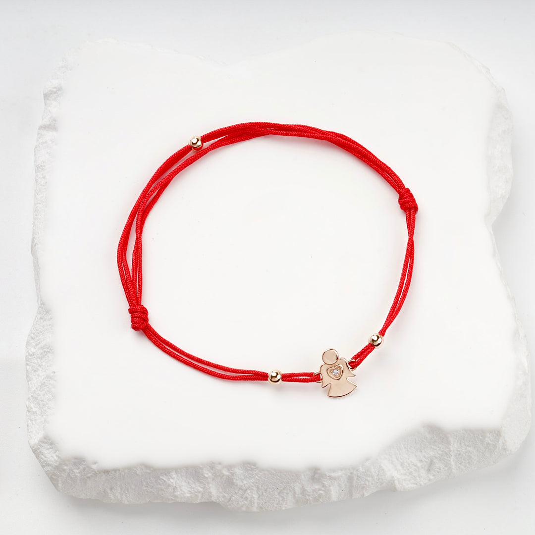 Openwork Angel Red Cord Bracelet | 14K Rose Gold (585) — scale view