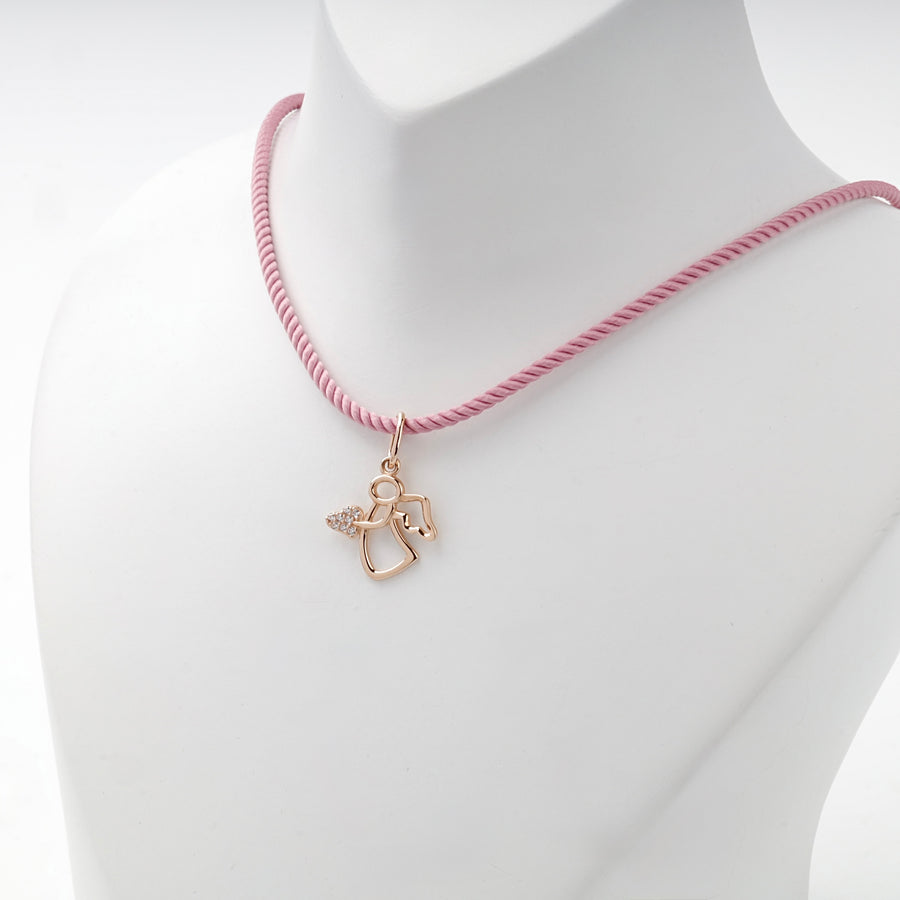 Rose gold angel pendant on a pink cord, worn view