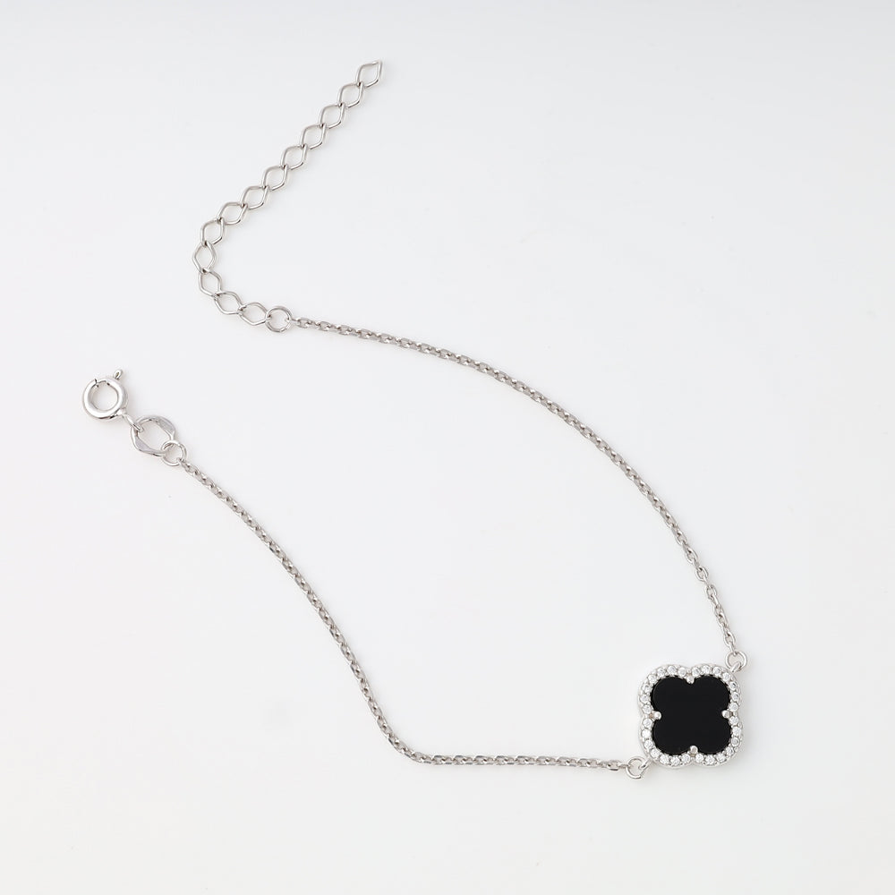 Silver necklace with black clover pendant and crystal border, Ukrainian Jewelry, minimalist silver chain, dainty pendant necklace.