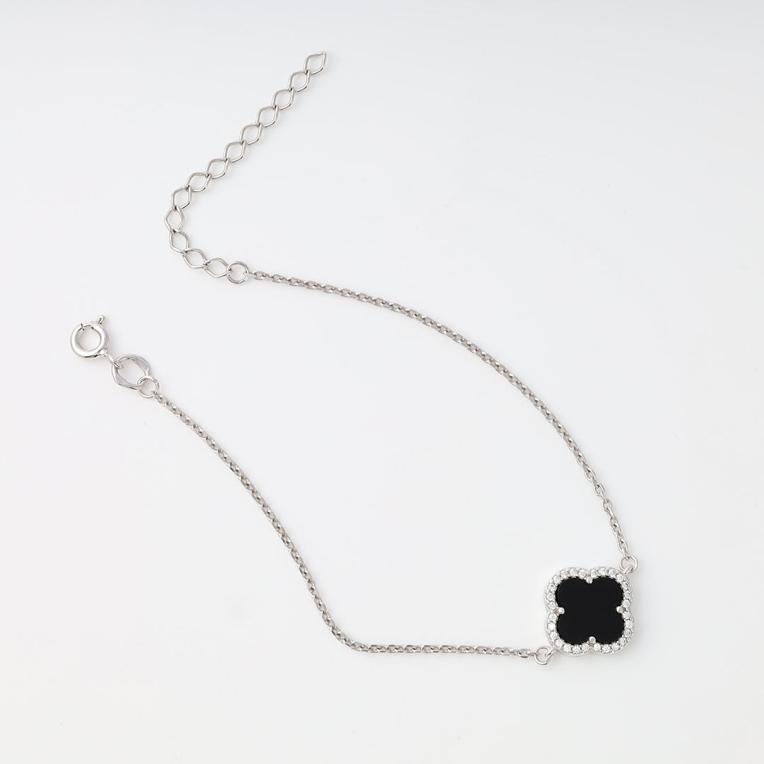 Silver necklace with black clover pendant and crystal border, Ukrainian Jewelry, minimalist silver chain, dainty pendant necklace.