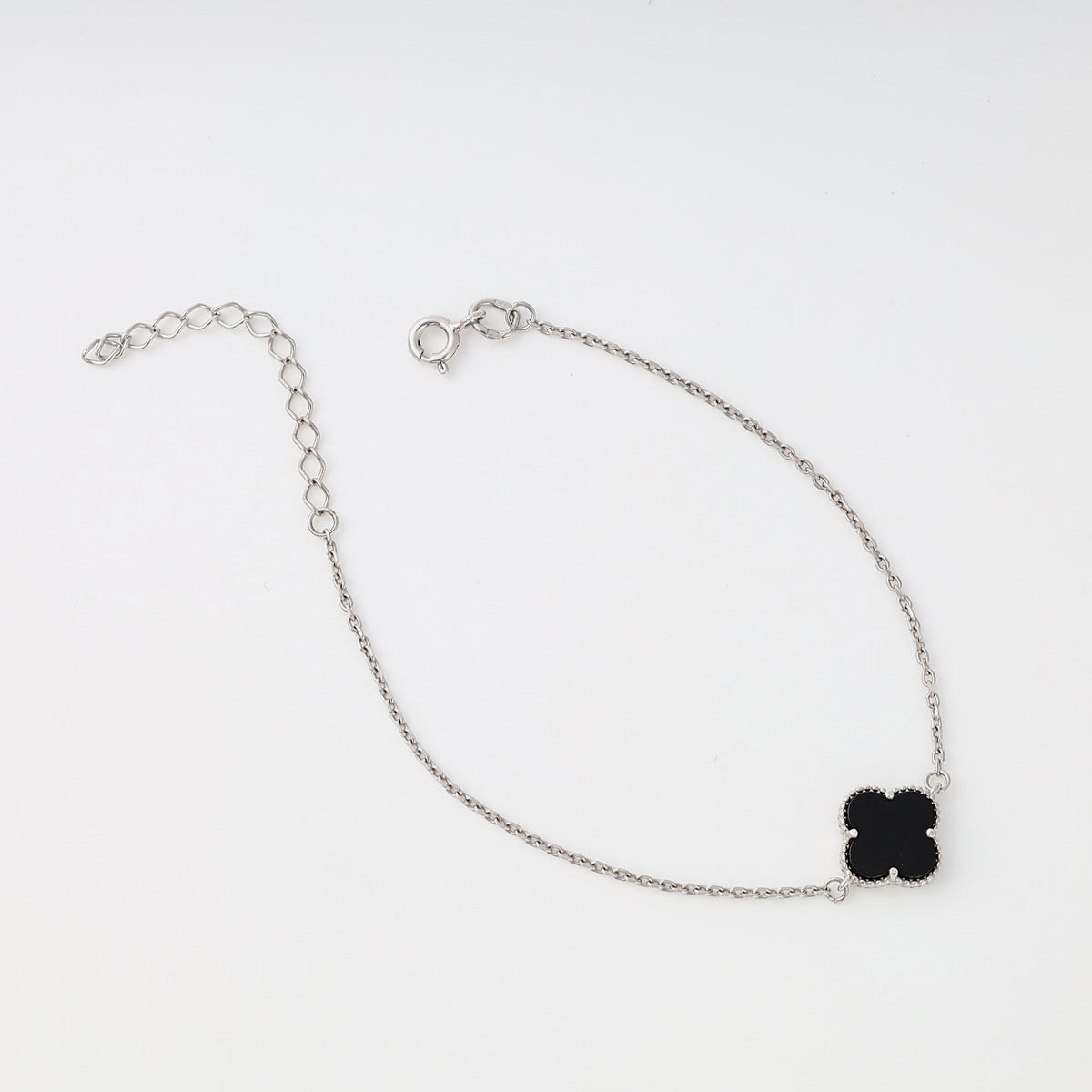 Sterling silver bracelet with black clover charm on fine chain, Ukrainian Jewelry, dainty silver bracelet, black clover jewelry.