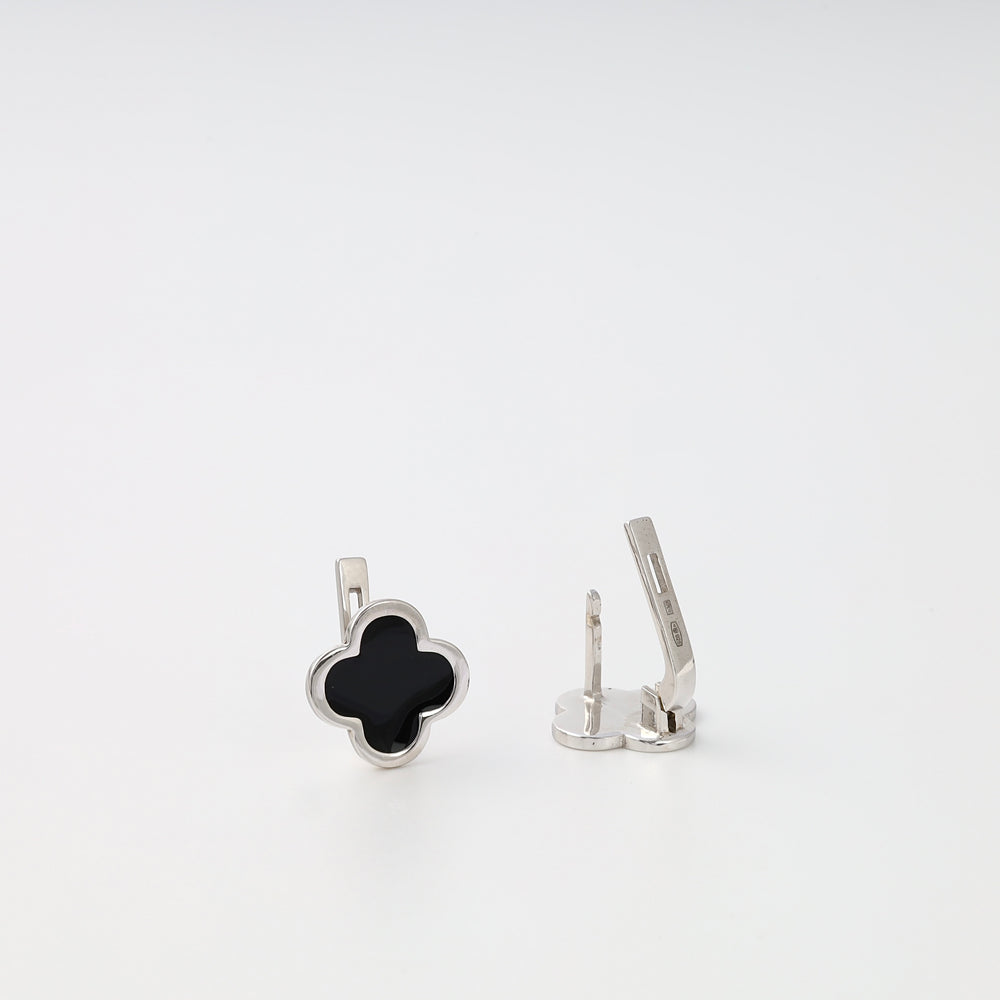 Sterling silver clover stud earrings with black enamel, minimalist Ukrainian Jewelry, perfect silver earrings gift for women.