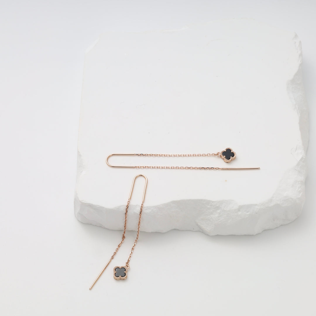 Delicate gold threader earrings with black clover charms, minimalist drop dangle Ukrainian Jewelry for women.