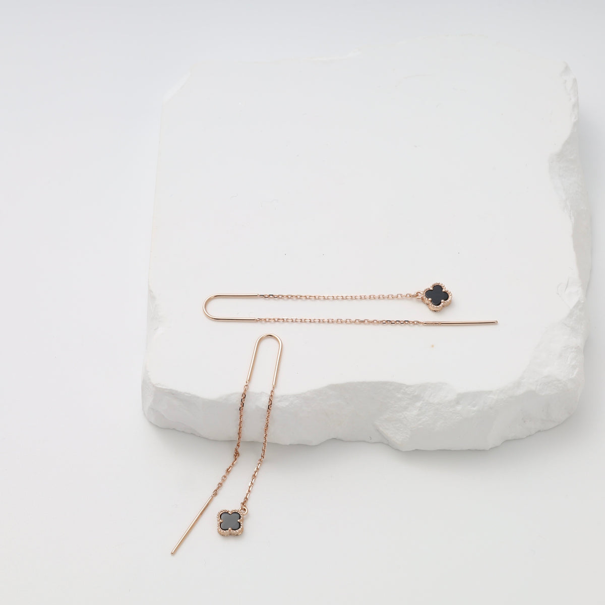 Delicate gold threader earrings with black clover charms, minimalist drop dangle Ukrainian Jewelry for women.