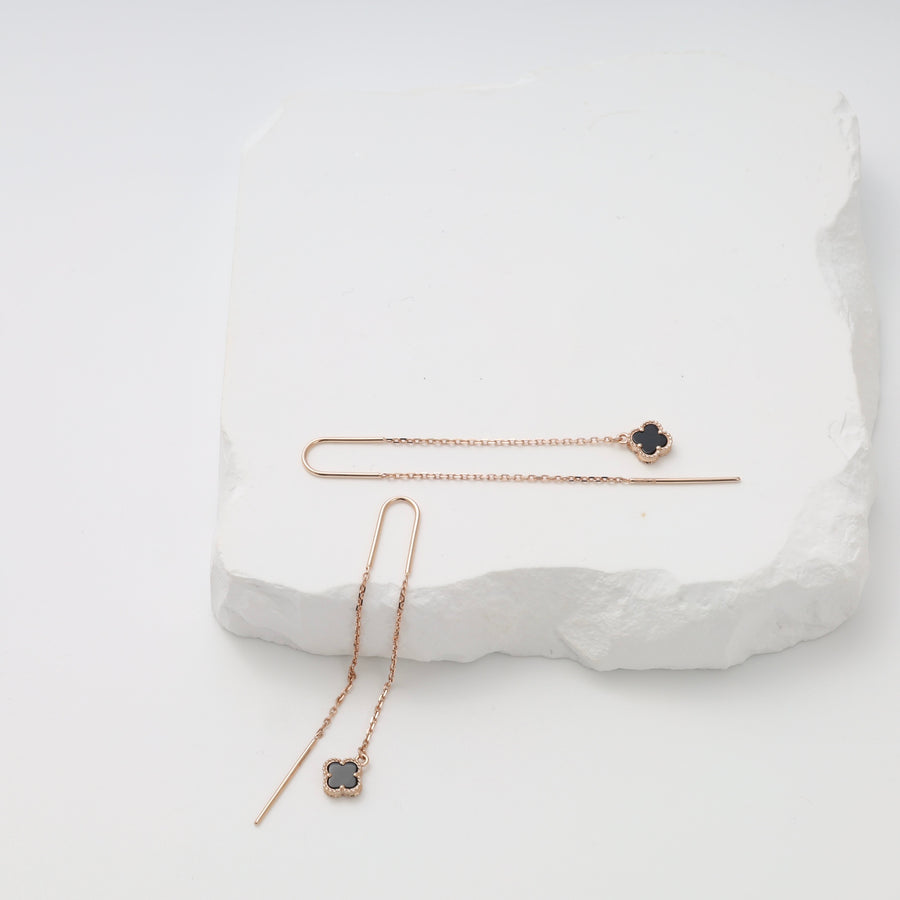 Delicate gold threader earrings with black clover charms, minimalist drop dangle Ukrainian Jewelry for women.