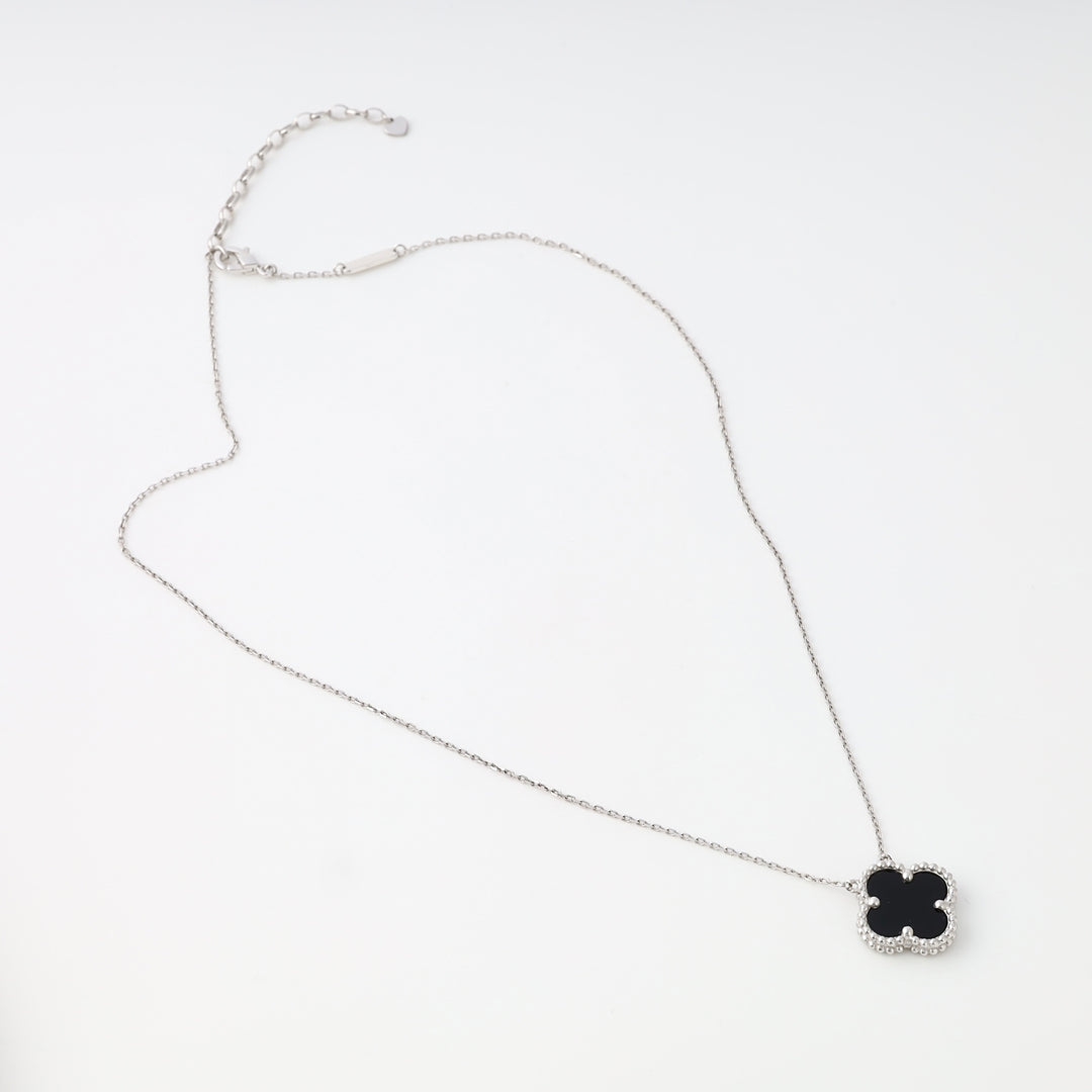 Sterling silver necklace with black clover pendant, crystal border, minimalist Ukrainian Jewelry, silver clover necklace gift.