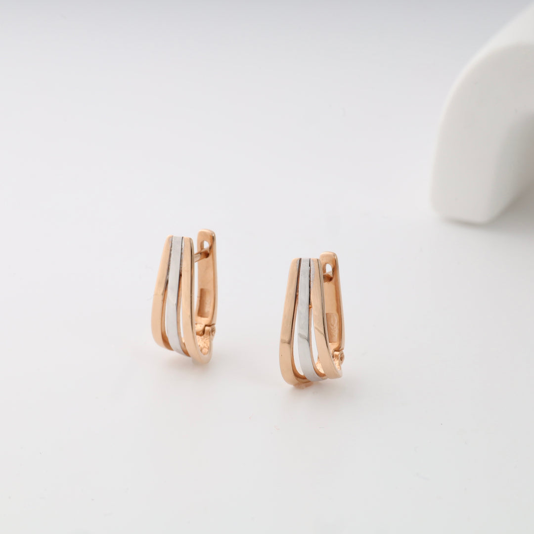 Rose gold and silver hoop earrings with a modern layered design on a white background.