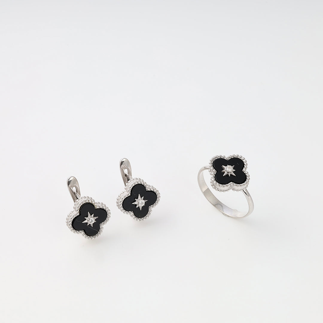 Sterling silver clover earrings and ring set with black enamel and star detail, Ukrainian Jewelry, silver jewelry gift set.