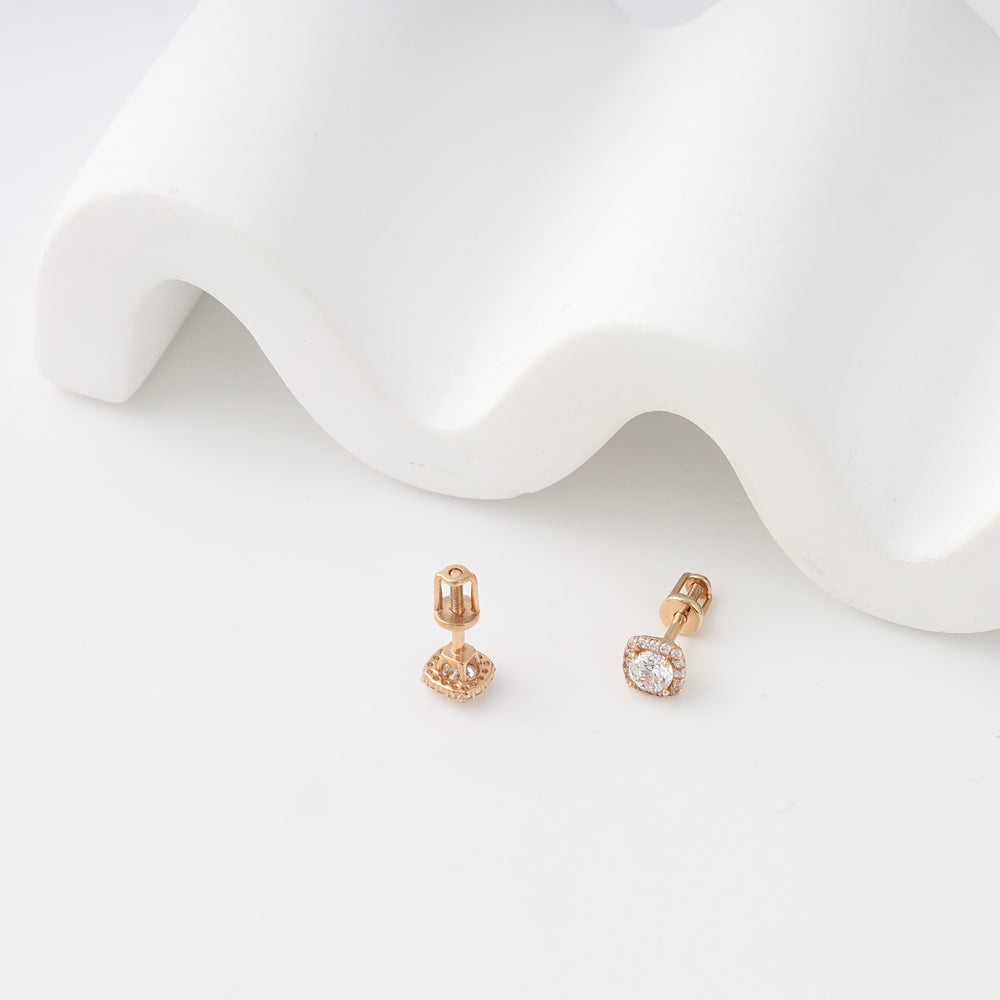 14k gold square stud earrings with clear stone center and halo, screw back posts, Ukrainian Jewelry, simple gold stud earrings.