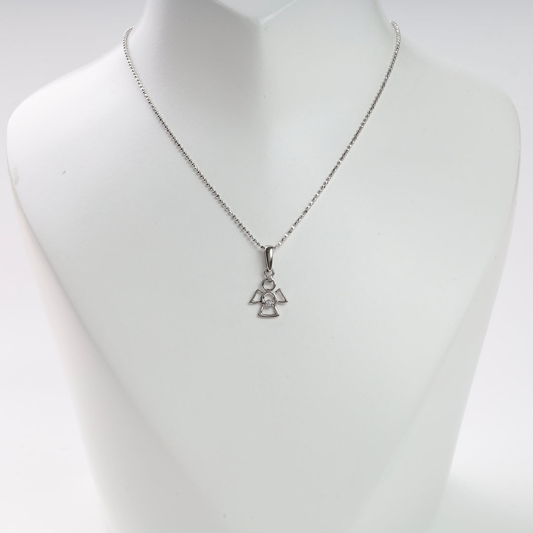 Silver chain necklace with an openwork angel pendant and clear gemstone, displayed on a white jewelry bust.