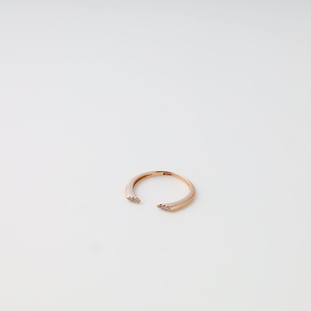 Rose 14k gold open ring with small diamond accents on white background, minimalist Ukrainian Jewelry, gold diamond ring gift.