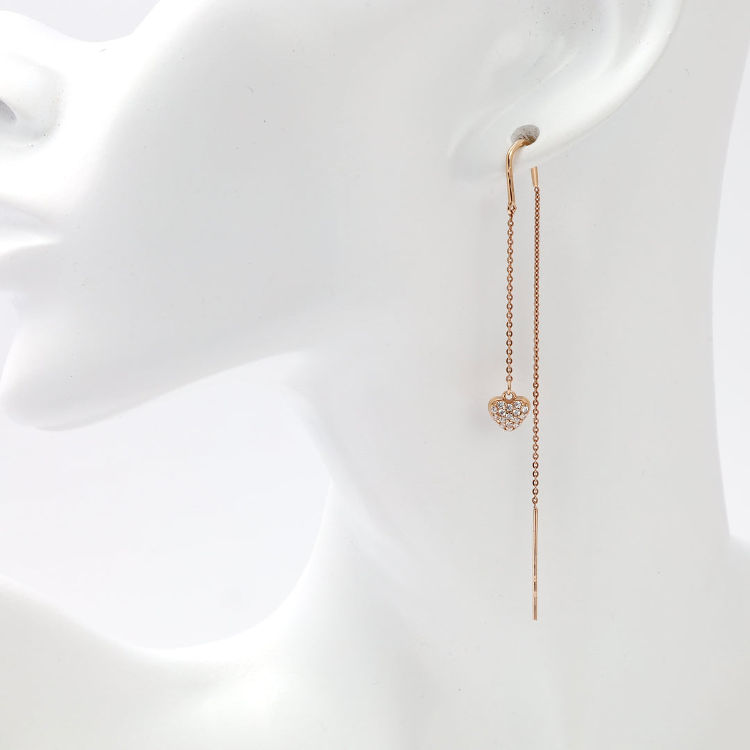 Rose gold heart threader earring with cubic zirconia on mannequin display, 14k gold dangle earring, Ukrainian Jewelry gift for her.