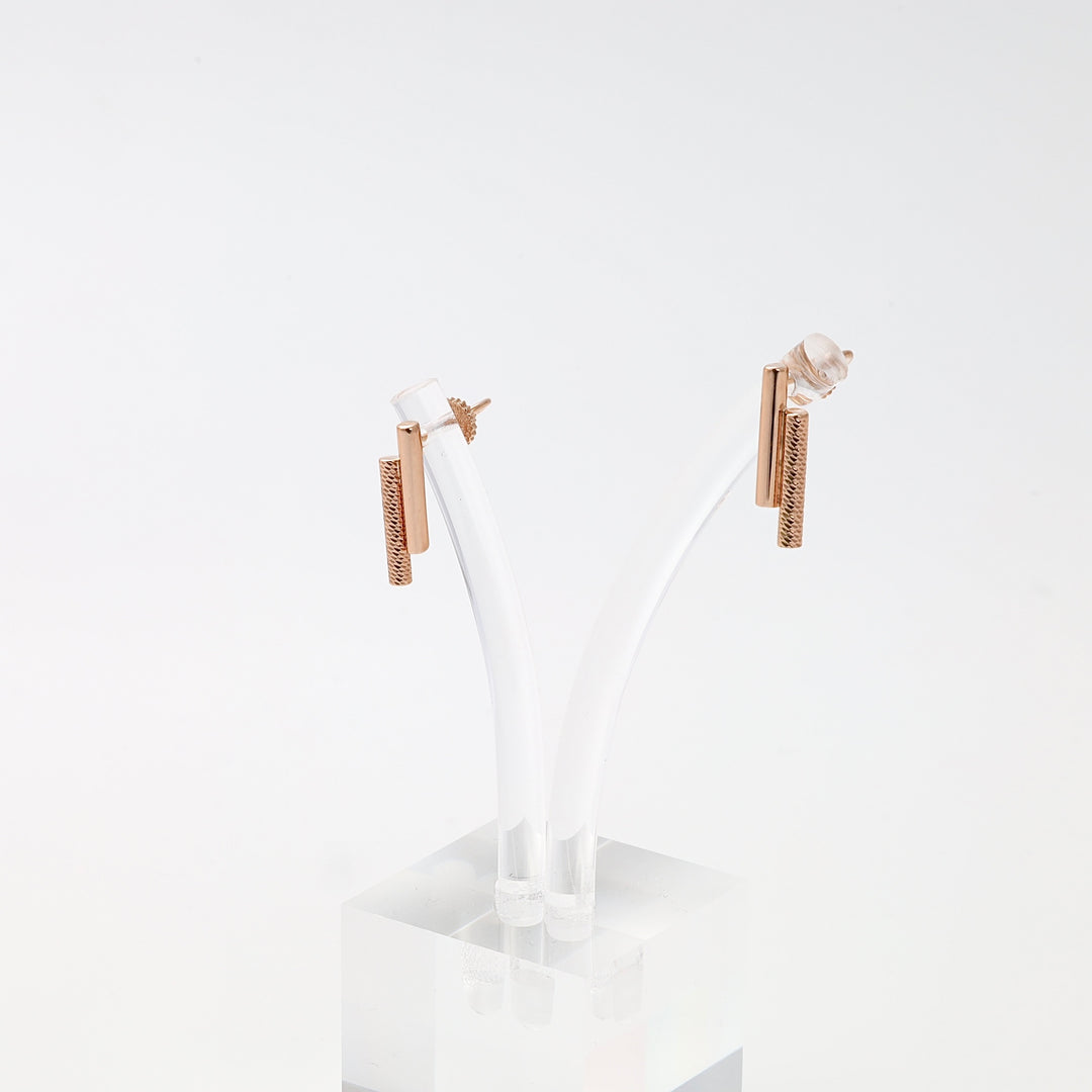 Rose gold bar stud earrings in 14k gold, minimalist textured design, Ukrainian Jewelry, delicate gold stud earrings for women.